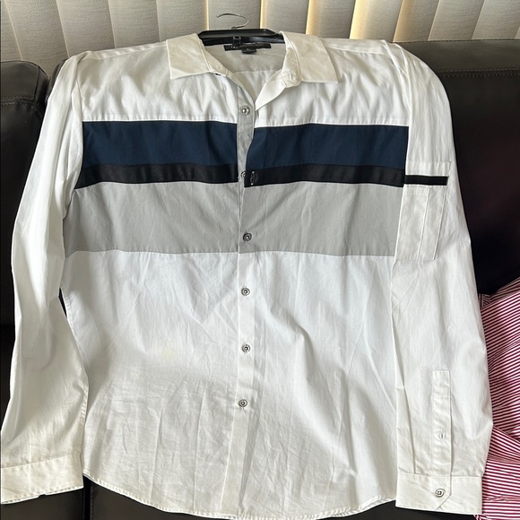 INC International Concepts White Shirt with Navy and Gray Stripes - Picture 1 of 5